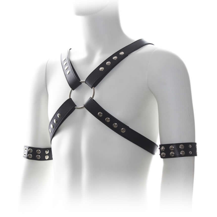 Male Sexy Leather Body Harness Bondage Chest Belt Straps with Arm Binders